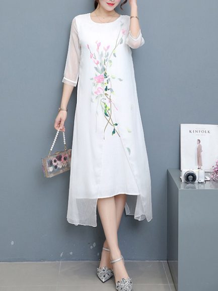 Women Floral Embroidery Fake Two Pieces Mid-long Dress - Power Day Sale