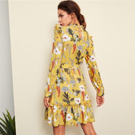 Yellow Floral Frill Trim Botanical Dress - Power Day Sale