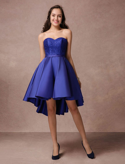 Blue Prom Dress Short Satin Homecoming Dress Strapless Backless High ...