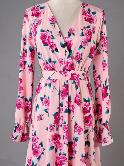 Floral Maxi Dress Long Sleeve Boho Dress V Neck Split Pink Fall Dress ...