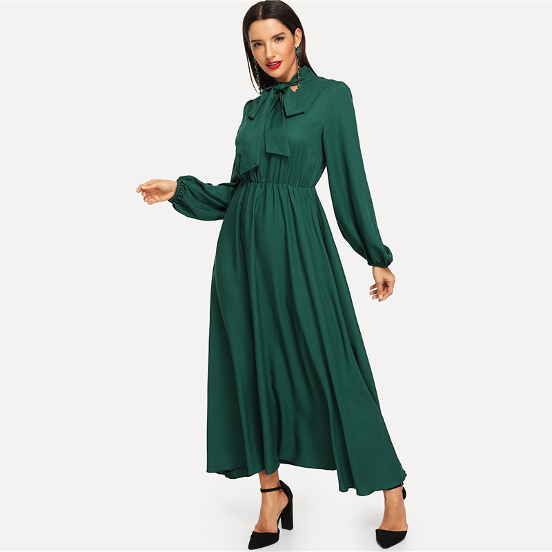 Green Lantern Sleeve Tied Neck Cotton Dress - Power Day Sale