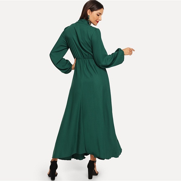 Green Lantern Sleeve Tied Neck Cotton Dress - Power Day Sale