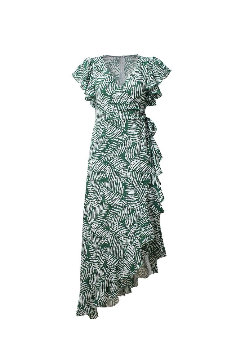 Green Maxi Dress Long Sleeve V Neck Leaf Print Ruffles Irregular Dress ...