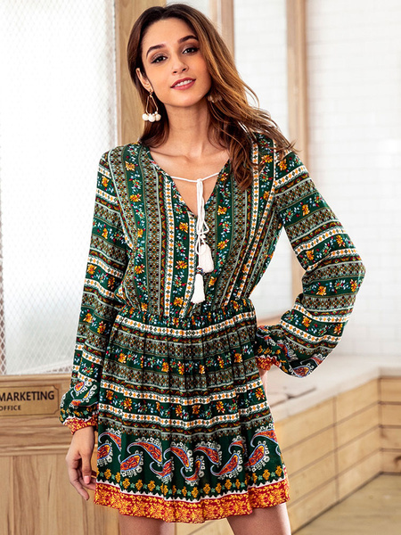 Long Sleeve Boho V Neck Tassels Printed Mini Dress - Power Day Sale