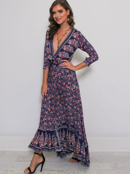 Maxi Boho Dress Plunging Printed Split Fall Dress - Power Day Sale