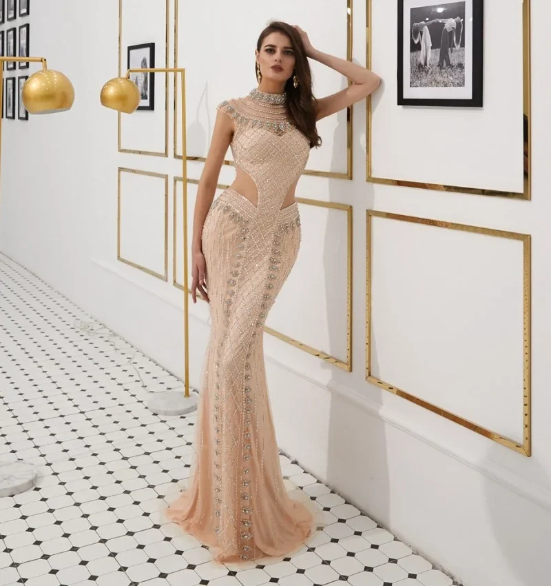 Mermaid Luxury Heavy Beading Illusion Cutout Formal Evening Dress