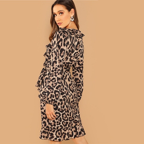 Multicolor Casual Leopard Print Belted Ruffle Dress - Power Day Sale