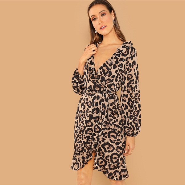 Multicolor Casual Leopard Print Belted Ruffle Dress - Power Day Sale