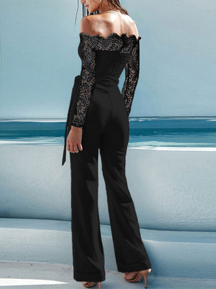 Off The Shoulder Long Sleeve Lace Flared Leg Jumpsuit - Power Day Sale