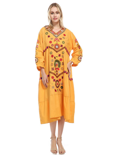Oversized Boho V Neck Ethnic Embroidered Cotton Long Dress - Power Day Sale