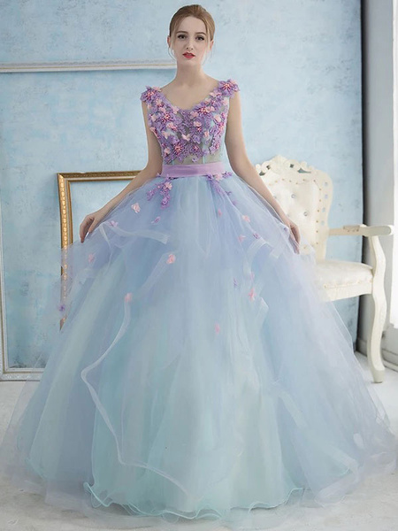 Pastel Blue Princess Pearl Flower Prom Dress - Power Day Sale