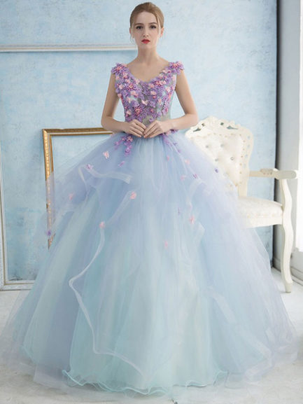 Pastel Blue Princess Pearl Flower Prom Dress - Power Day Sale