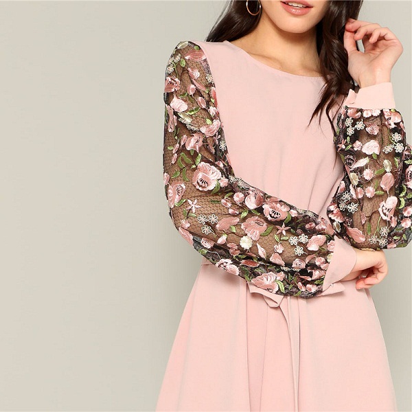 embroidered mesh sleeve dress