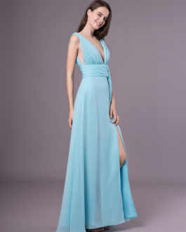 Sexy Evening Dresses Formal High Split Aqua V Neck Plunging Backless Prom Dress