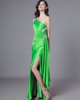 Sexy Evening Dresses One Shoulder Long Prom Dress High Split Beading Green Formal Gowns