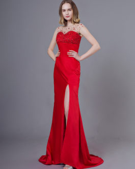 Sexy Evening Dresses Red Beaded Backless High Split Sheath Formal Gowns