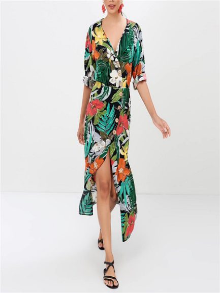 Sexy V-neck Floral Printed Button Split Maxi Women Dress - Power Day Sale