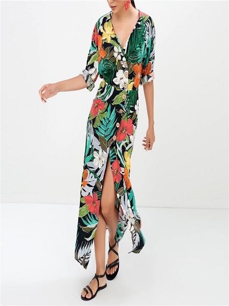 Sexy V-neck Floral Printed Button Split Maxi Women Dress - Power Day Sale