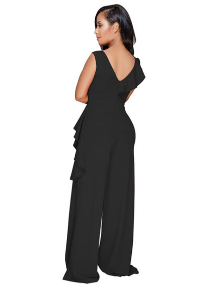 V Neck Ruffles Asymmetrical Women Workwear Jumpsuit - Power Day Sale