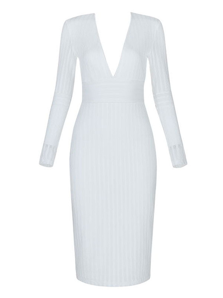 White Party Dress Long Sleeve Bodycon Dress Plunging Shaping Sexy Midi ...