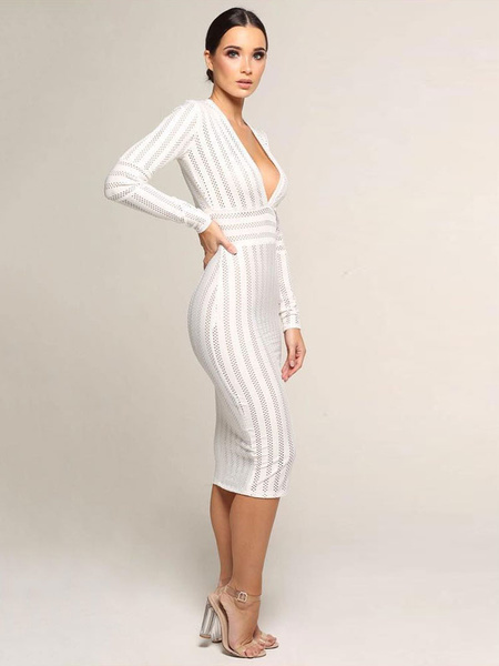 white bodycon midi dress long sleeve fitted