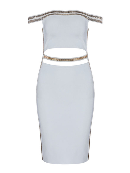 White Party Dress Off The Shoulder Midi Dress Cut Out Metal Details ...