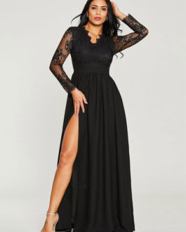 Women Black Long Dress Illusion Sleeves High Split Lace And Chiffon Sexy Dress