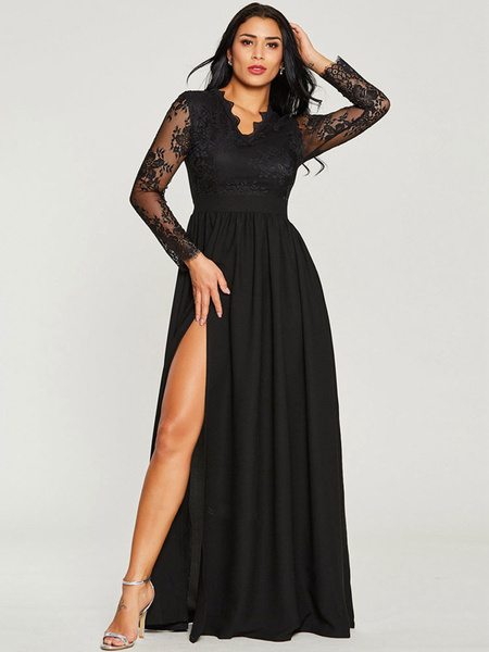 long sleeve black chiffon dress