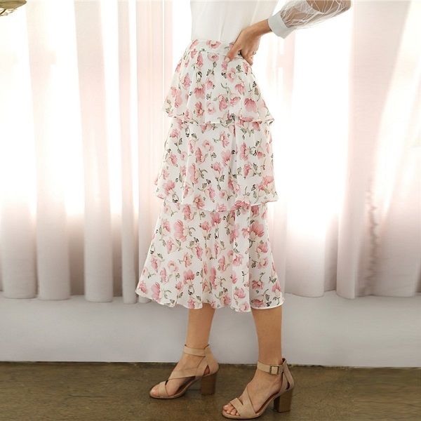 Bohemian Floral Print Tiered Layered Ruffle Womens Summer Skirt - Power ...