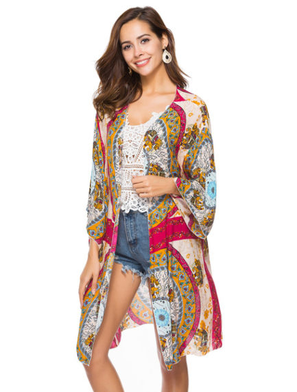 Boho Cover Up Kimono Ethnic Print Open Front Women Beachwear - Power ...