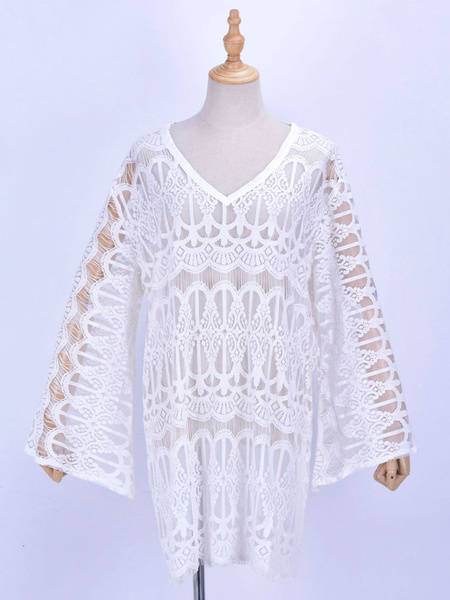 Cover Up Dress Lace Sheer Long Sleeve V Neck Women Beach Bathing Suit ...
