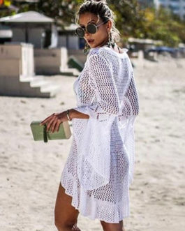 Crochet Cover Up Dress Women V Neck Long Sleeve Sheer Beach Dress