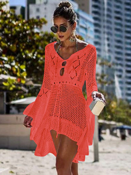 Crochet Cover Up Dress Women V Neck Long Sleeve Sheer Beach Dress ...