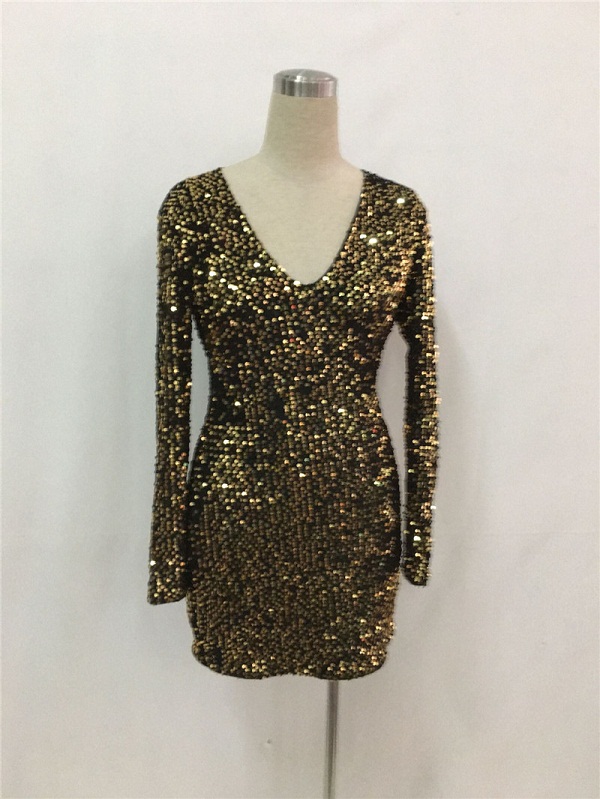Golden Mini Dress V Neck Sequin Long Sleeve Glitter Women Club Dress ...