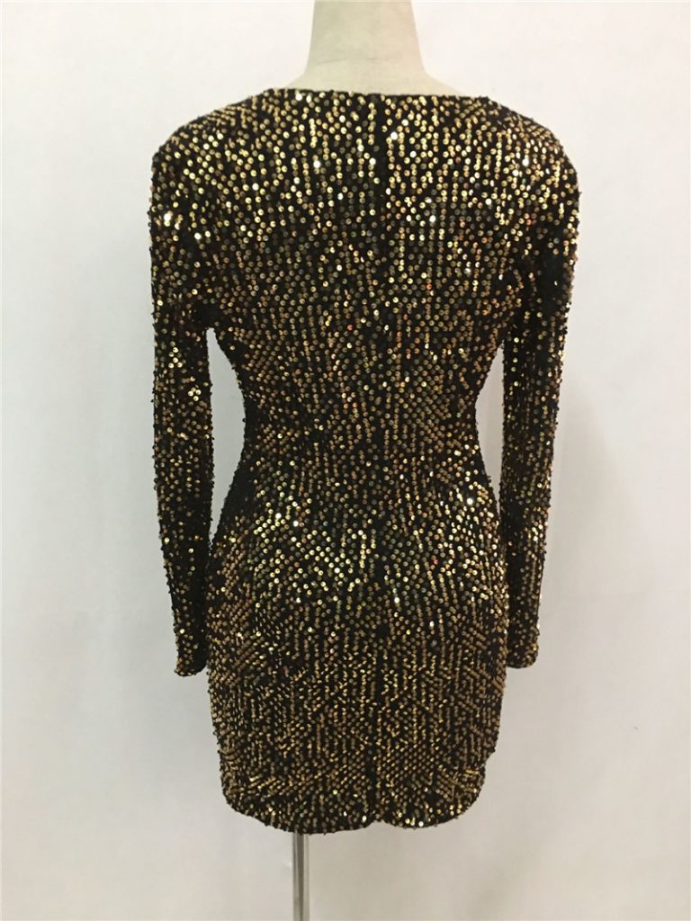 Golden Mini Dress V Neck Sequin Long Sleeve Glitter Women Club Dress ...