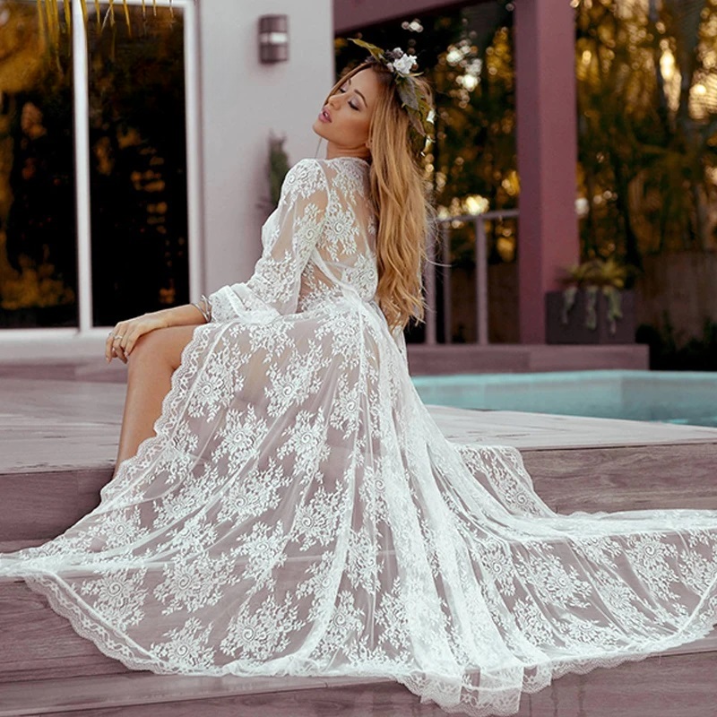 Lace Cover Up Long Sleeve Open Front Sheer Beachwear