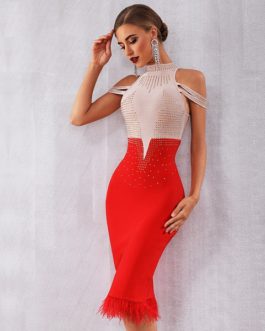 New Bandage Women Off Shoulder Sexy Feather Bodycon Club Bead Party Dress