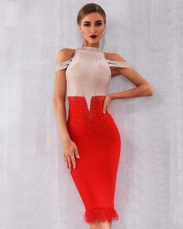 New Bandage Women Off Shoulder Sexy Feather Bodycon Club Bead Party Dress