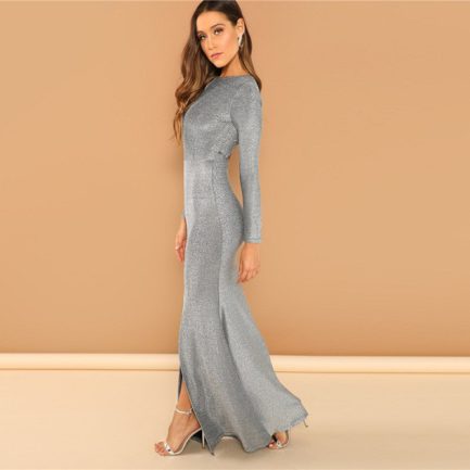 Plain Long Sleeve Stretchy Party Maxi Dresses - Power Day Sale