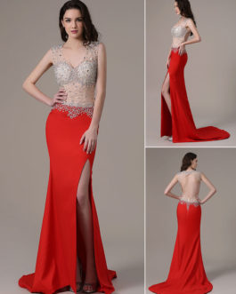 Red Prom Long Mermaid Evening Party Dress With Train