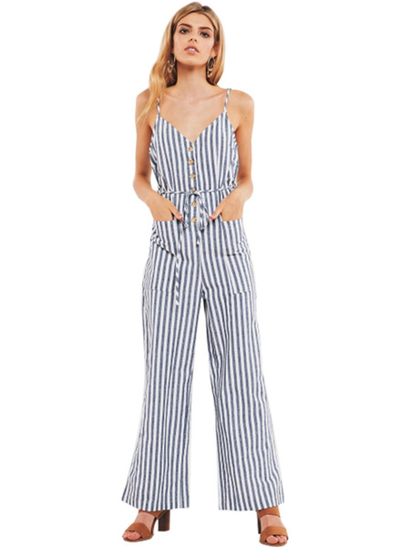 Striped Sleevless Buttons Wide Leg Jumpsuit - Power Day Sale