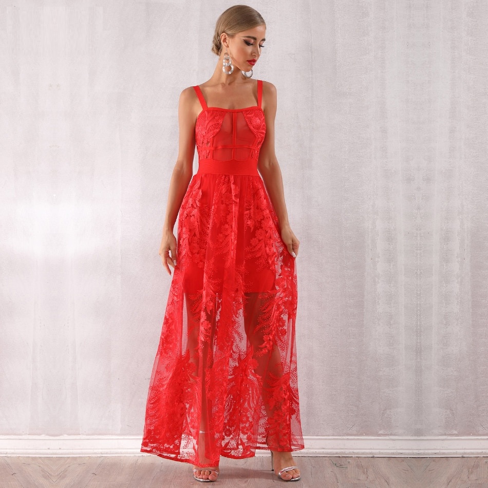 Women Bandage Red Lace Maxi Celebrity Party Dress - TD Mercado