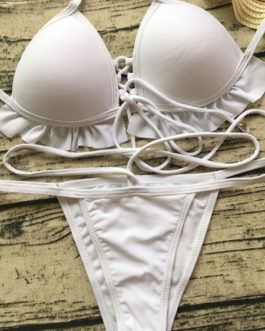 Women Bikini Swimsuit White Ruffles Strappy Lace Up Two Piece Swimwear