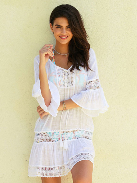 Women Cover Up Lace Tssels Knotted Semi Sheer Oversized Beach Dress ...