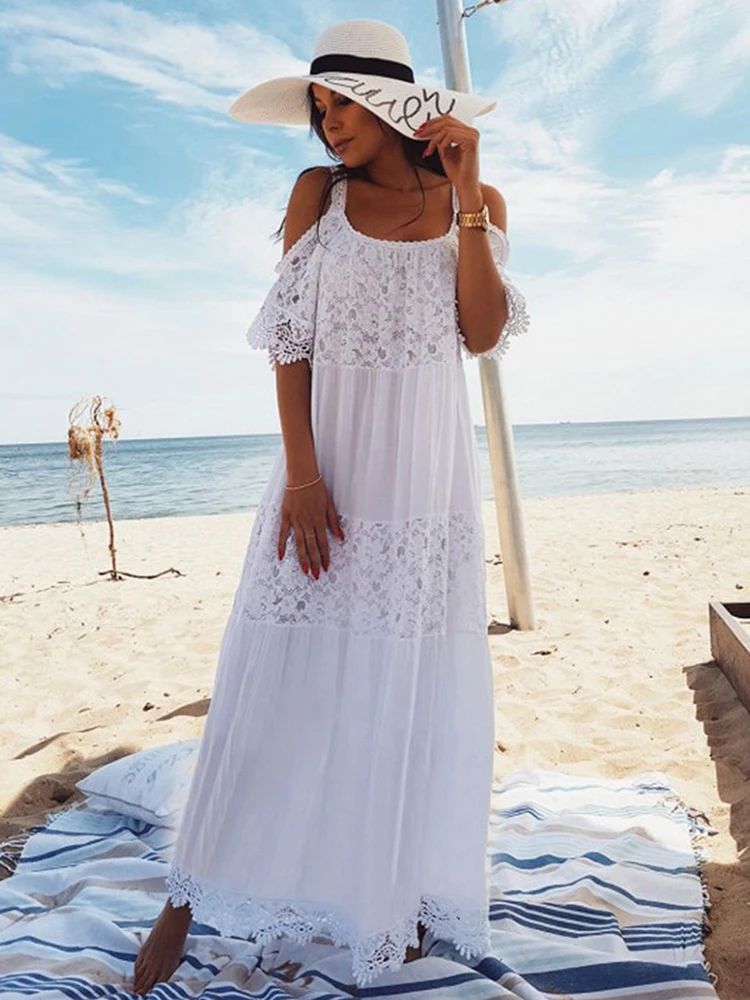 Bohemian Lace Patchwork Tunic Open Shoulder Holiday Maxi Dresses