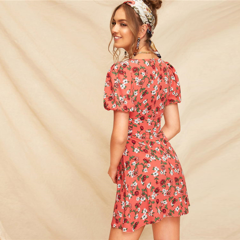 Boho Short Puff Sleeve Floral Fit and Flare High Waist Mini Dress ...