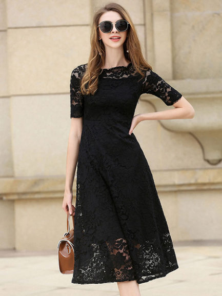 Lace Dress Bateau Half Sleeve Slim Fit Skater Dress For Women - Power ...