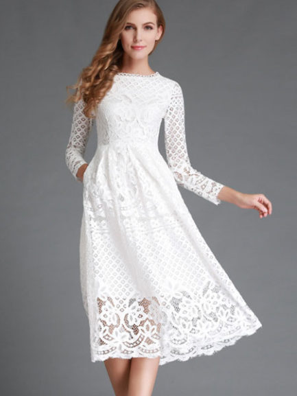 Lace Dress Long Sleeve Flared Dress For Women - Power Day Sale