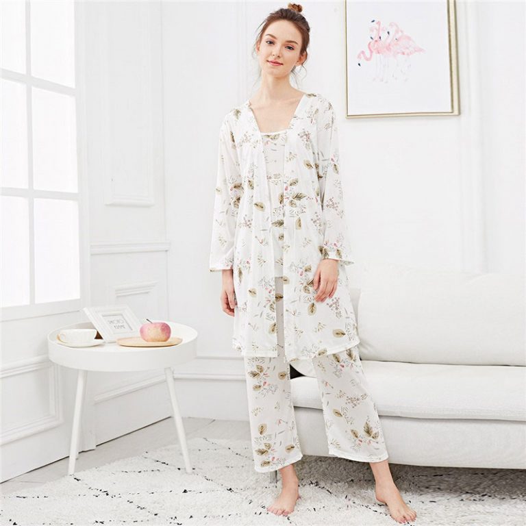 Leaf Print Cami Pajama Set Female Three-piece Robe Gown Sets - Power Day Sale