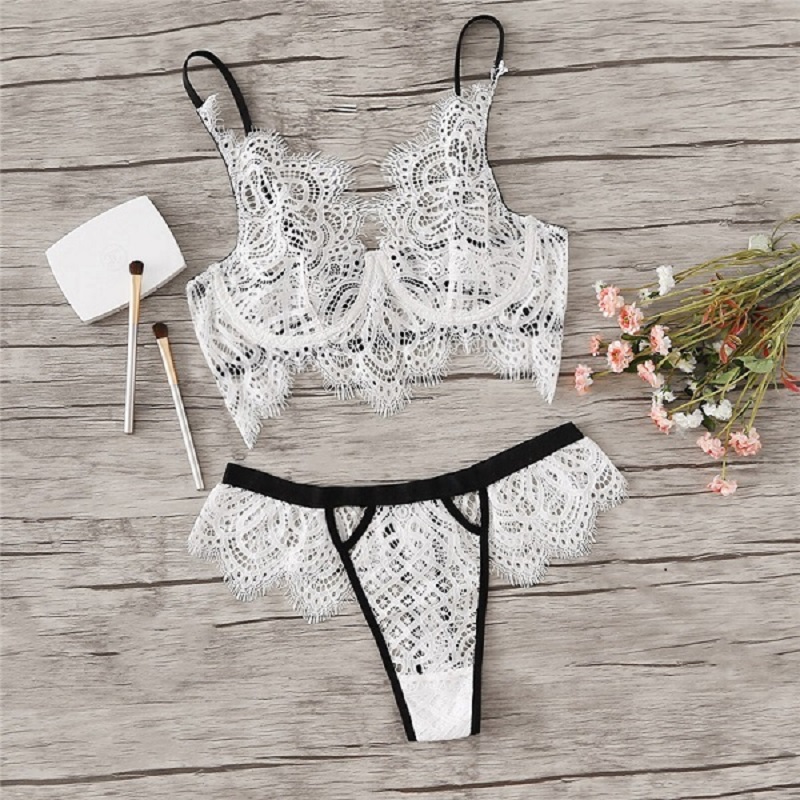 Sexy Eyelash Lace Unlined Lingerie Set - Power Day Sale